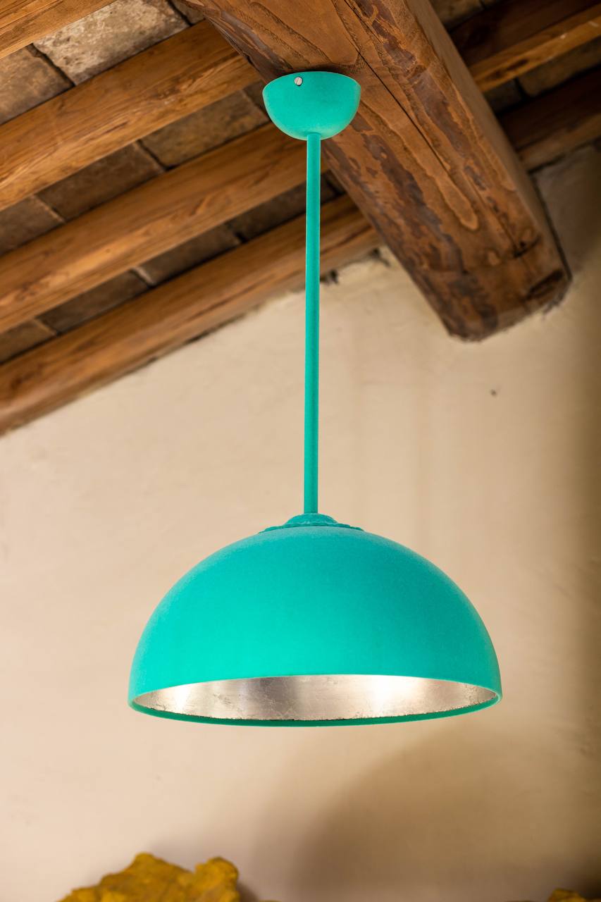 Aquamarine velvet pendant lamp, hanging chandelier.
